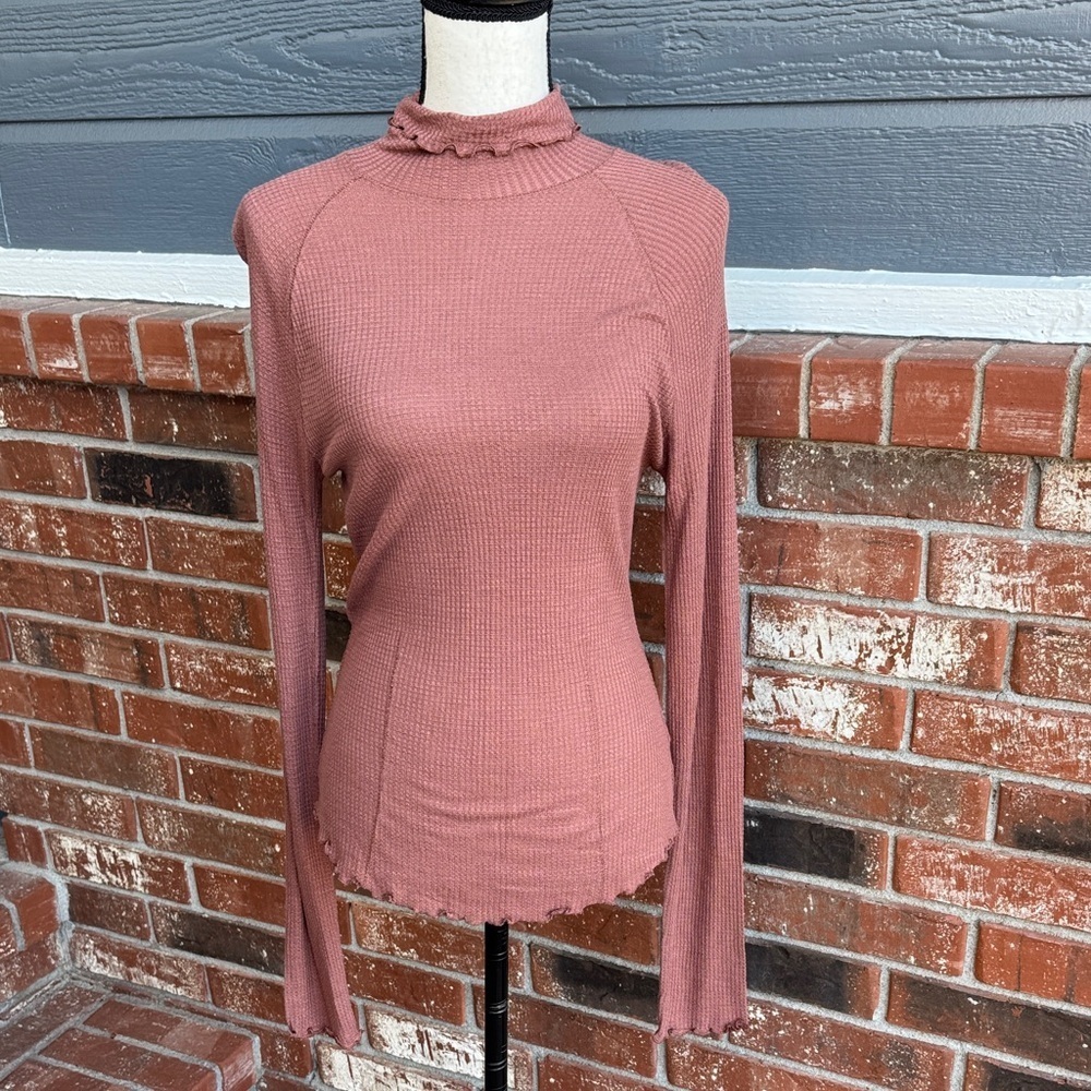 Free People Skyline Ribbed Ruffle Mock Neck Long Sleeve Top Mauve Pink Size M